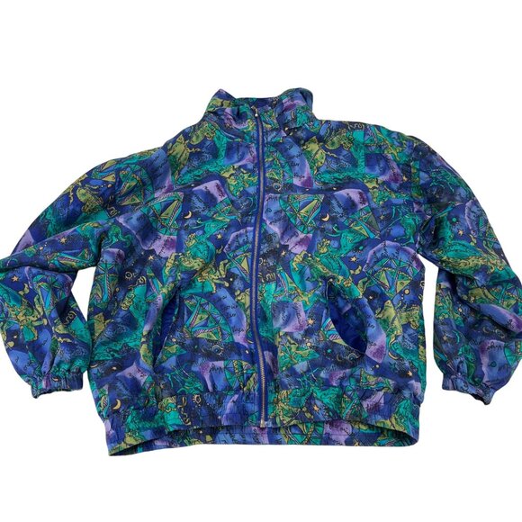 Studio Sportif Silk Jacket Purple Blue Astrological Print Vintage 80s Size L - Picture 1 of 8